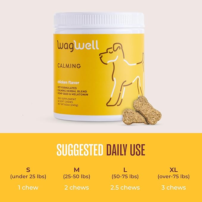 WagWell Dog Calming Chews – Vet-formulated, All Natural, Made in The USA – Anxiety Relief for Dogs, Supports Emotional Balance in Stressful Situations – Chicken-Flavored, 60 Chews