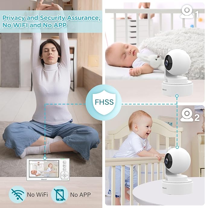 Blemil Baby Monitor with 2 Cameras and Audio, 4.3'' IPS Split-Screen Monitor with 29-Hour Battery, 1000ft Range Pan-Tilt-Zoom Video Baby Monitor No WiFi, 2X Zoom