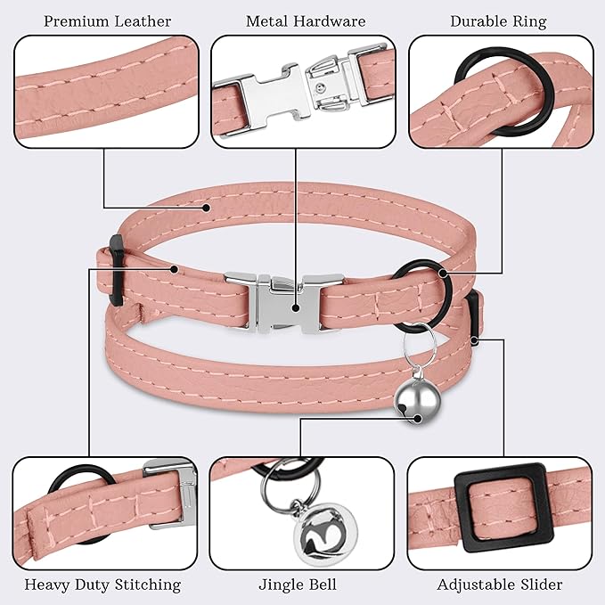 Leather Cat Collar with Buckle and Removable Bell - Non Breakaway Adjustable Soft Safety Small Pet Collars for Girl Boy Cats Kitten (Flamingo)