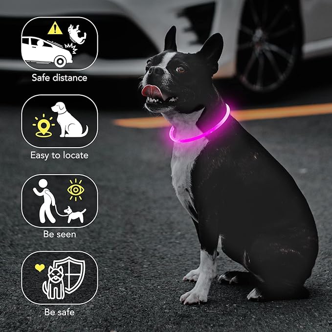 Colaseeme LED Dog Collar, Light Up Dog Collar 1 Count USB Rechargeable TPU Glow Safety Dog Necklace Light, Dog Lights for Small Medium Large Dogs, Please Do Not Use Fast Charging (Pink)