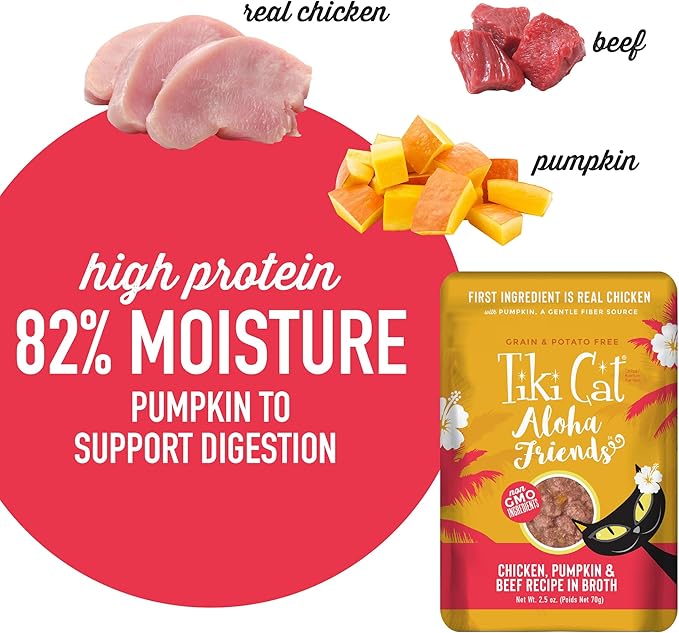 Tiki Cat Aloha Friends, Chicken, Pumpkin & Beef, Grain-Free & High Moisture, Wet Cat Food for All Life Stages 2.5 oz. Pouch (12 Count)