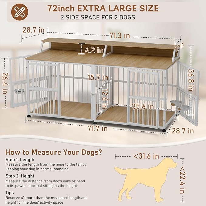 Dog Crate Furniture for 2 Dogs, 72" Extra Large Double Dog Cage Large Breed, XXL Thick Wooden Dog Crate with Storage Rack, Sturdy Dog Kennel with Removable Divider (Nature Wood & White)