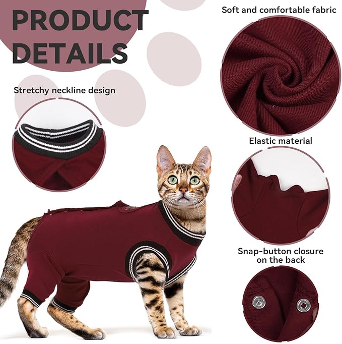 T'CHAQUE Cat Clothes Surgery Recovery Suit for Female Male, Cat Onesie Pet Surgical Pajamas Long Sleeve, Abdominal Wound Healing, E-Collar Alternative, Spay/Neuter Recovery Garment-Burgundy-S
