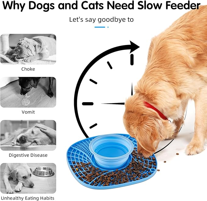 Lick Mat for Small Dogs and Cats with Suction Cups, Silicone Slow Feeder Lick Pad with Collapsible Bowl for Anxiety Relief, Pet Puzzle Treat Mat for Bathing Grooming Trimming (Blue)