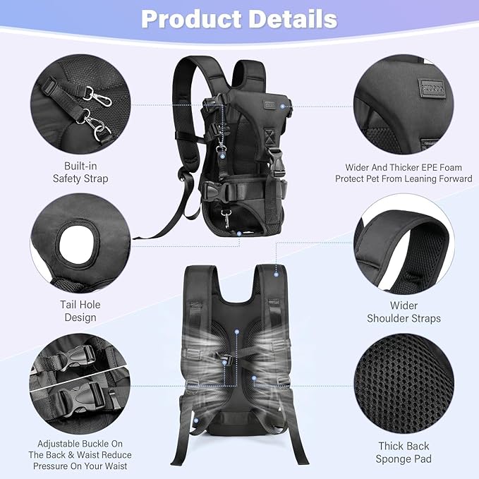 YUDODO Front Pet Carrier Backpack for Small Dogs and Cats, Secure and Breathable Mesh, Ergonomic Support, Adjustable for Walking, Hiking, or Travel (Black M)