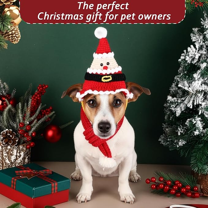 2 Pcs Cat Christmas Costume Cat Santa Hats with Scarf Pet Hat Scarf Set Pet Christmas Outfit Party Costume Supplies for Cats Small Dogs Puppy Accessories(Red,Santa Claus Style)
