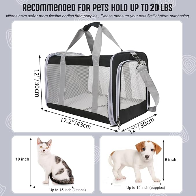 Pet Carrier for Large Cats of 20 Lbs, Collapsible Carrier Bag for Big Cat or 2 Kittens,Soft Sided Puppy Carrier with Sturdy Travel Transport Strap, Adequate Ventilation, 4 Mesh Windows (Black)