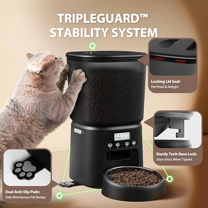 Automatic Cat Feeder,4L Timed Cat Dry Food Dispenser,Pet Feeder up to 6 Meals and 30 Portions per Day,10S Voice Record,Flexible Schedule Timer,Dual Power,Stainless Steel Bowl,for Cats and Small Dogs