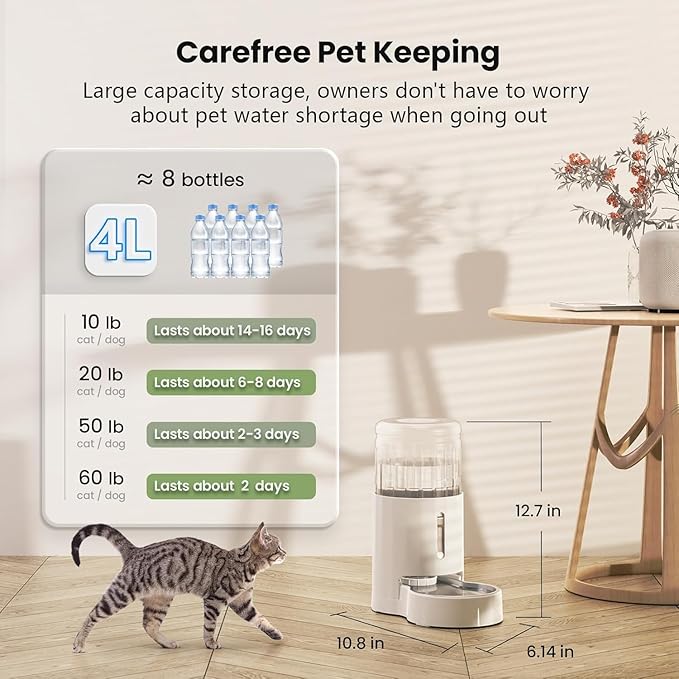 CZPET Automatic 4L/135Oz/1Gal Cat Water Dispenser with Stainless Steel Bowl, Gravity Waterer for Small Medium Dog Puppy Kitten (White)