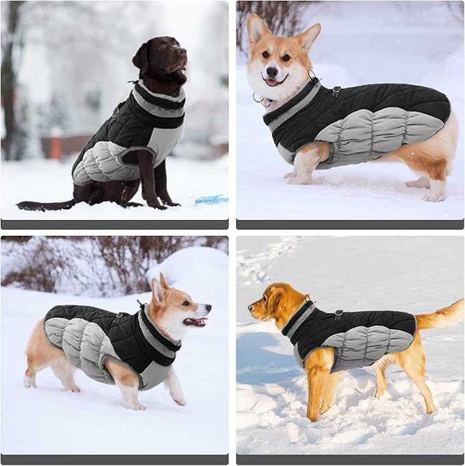 FUAMEY Dog Coat for Large Dogs,Waterproof Dog Winter Jacket with Harness Built in Puppy Cold Weather Coats Reflective Pet Vest with Zipper Warm Fleece Dogs Snowsuit Windproof Black XXXL