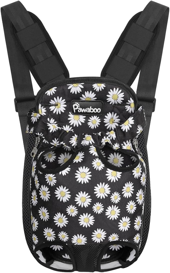 Pawaboo Pet Carrier Backpack, Adjustable Pet Front Cat Dog Carrier Backpack Travel Bag, Legs Out, Easy-Fit for Traveling Hiking Camping for Small Medium Dogs, Medium Size, Black Daisy