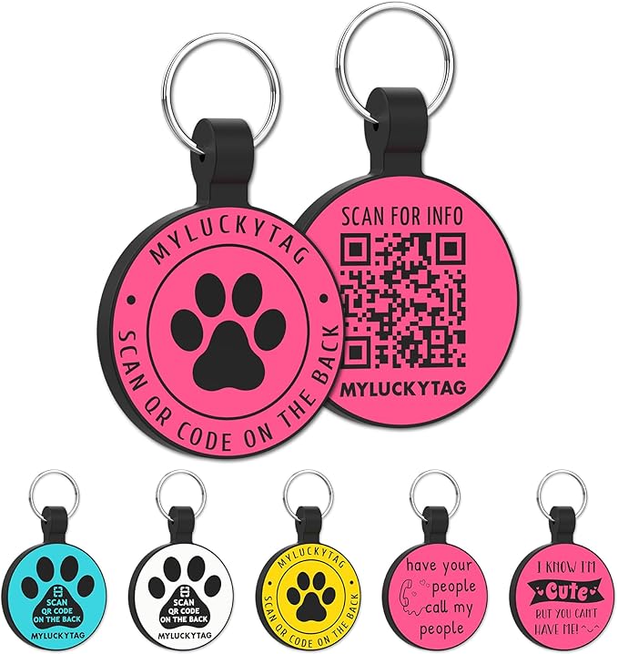 MYLUCKYTAG QR Code Silicone Pet ID Tag for Dogs and Cats - Online Profile, Location Alert Email, Digital and Quiet Tag, Durable Collar ID, Engraved