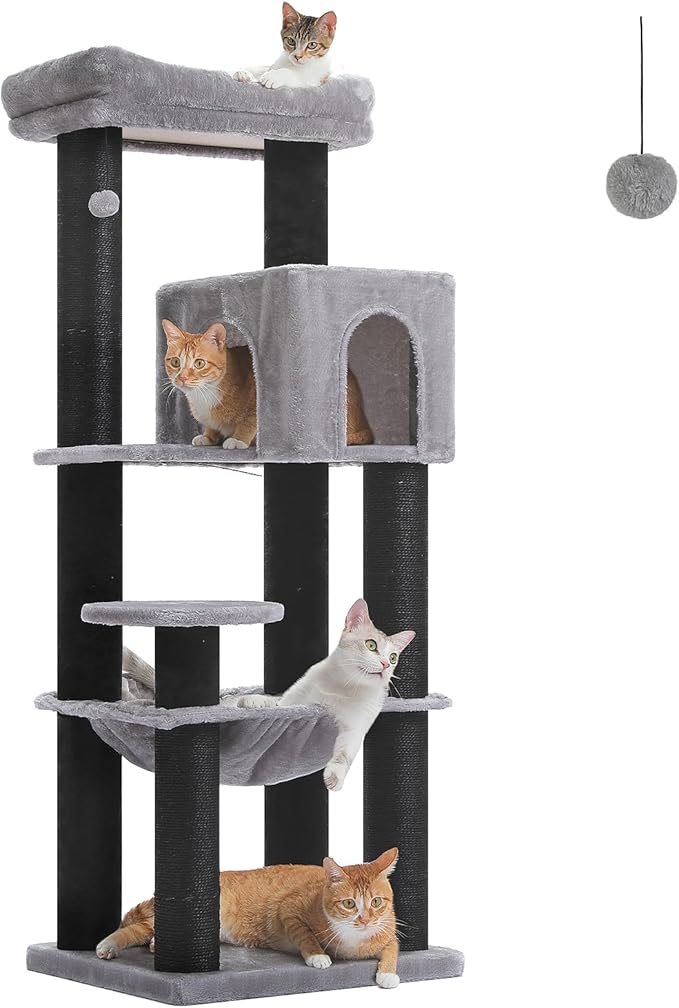 PETEPELA Cat Tree for Large Cats up to 30 lbs, 58" Heavy Duty Cat Tower with Reinforced Scratching Posts[ φ3.1”], Large Hammock, Spacious Condo & Top Perch, Sturdy Cat Furniture for Maine Coons, Black