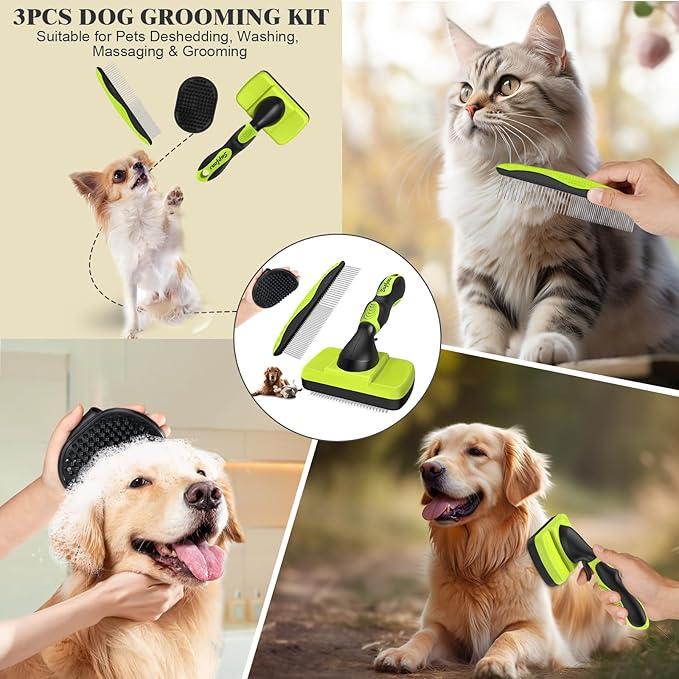 3PCS Dog Grooming Kit - Deshedding Dog Brush, Self Cleaning Slicker Brush, Bath Brush and Comb, Suitable for Hair Removal and Bathing of Dogs & Cats (Green Black)
