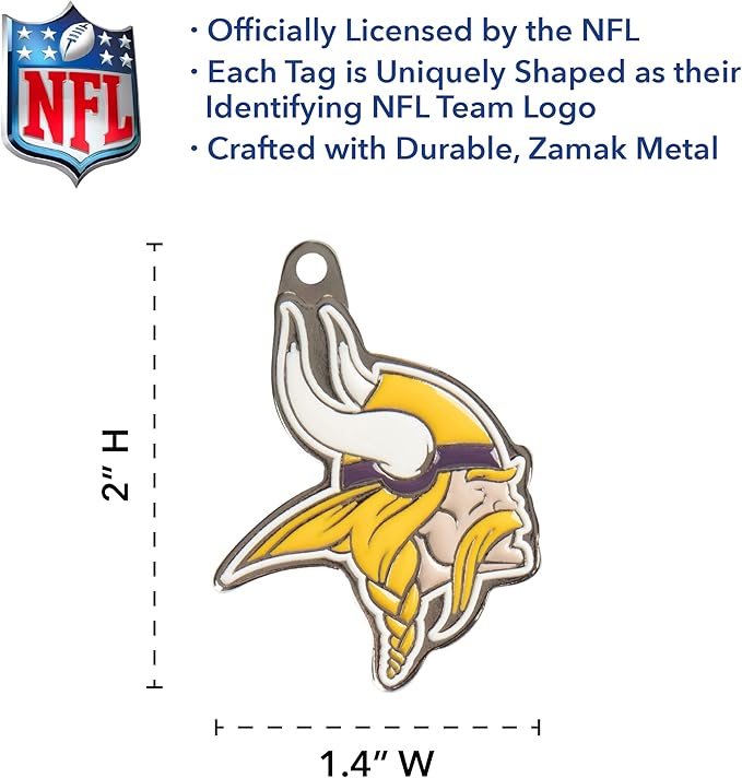 NFL Minnesota Vikings Engraving Pet ID Tags in 32 Team Logo Shapes Personalized Dog Tags and Cat Tags with 3 Lines of Customizable Text for Tracking & Safety. Stainless Steel Pet ID Tracking Tags