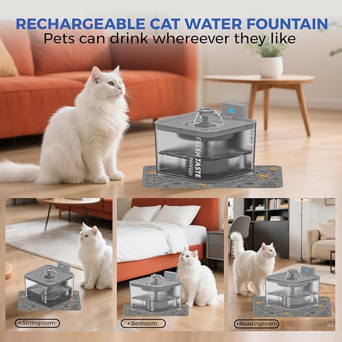 PAPIFEED Wireless Cat Water Fountain, 106oz/3L Battery Operated Pet Water Fountain Cordless for Cats Indoor, Automatic Cat Drinking Dispenser with Motion Sensor, Leak-Proof Silicone Pad Included Grey