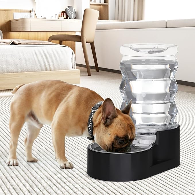 RIZZARI Dog Food Water Dispenser: 7L Automatic Black Large Stainless Steel Waterer with Filter - Gravity Water Feeder - Healthy Hydration for Pets Indoors Outdoors