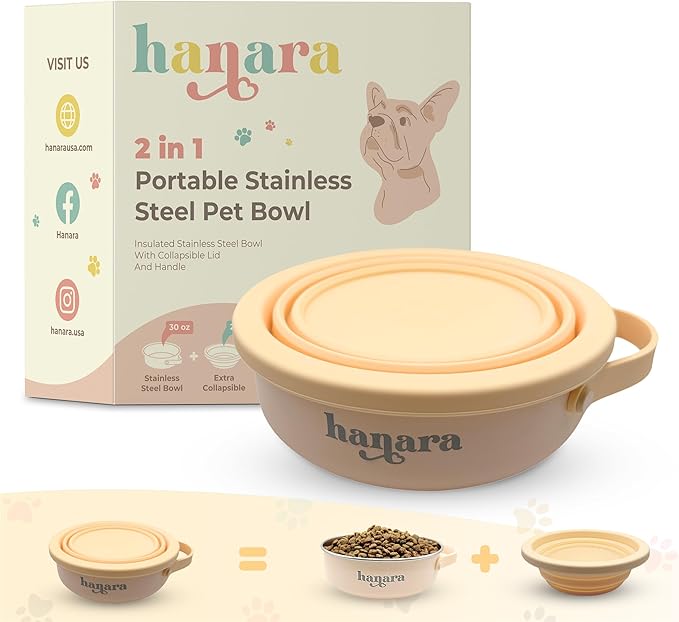 2-in-1 Insulated Dog Bowl with Collapsible Lid & Handle – Stainless Steel, Non-Slip Rubber Base – Portable Pet Water & Food Bowl for Dogs & Cats – 30 OZ + 20 OZ – Indoor & Outdoor (Beige)