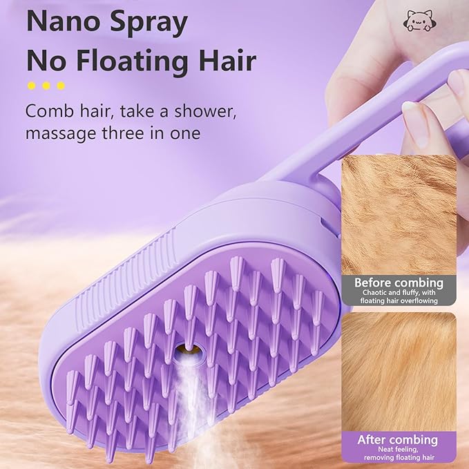 2 Pcs Upgraded Steam Pet Grooming Brush - 3 in 1 Water Brush for Cats & Dogs, Anti-Static Purple & White
