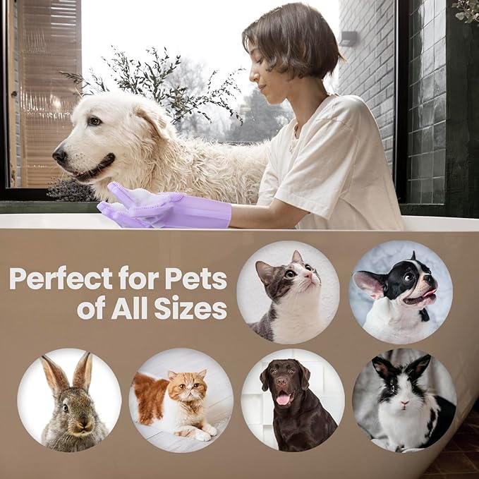DELOMO Dog Washing Gloves 1 Pair: Soft and Gentle Silicone Pet Grooming Gloves - Bathing Scrubber Brush Mitt Grooming Shedding Fur Removal Massage for Dogs/Cats/Horse, Purple