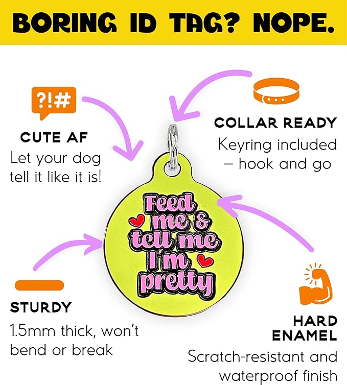 Personalized QR Code Dog Tags - Choose from 25+ Tag Designs - QR Code Links to Your Profile - Unique, Cute, Funny, Sassy Pet ID Tag (Feed Me & Tell Me I'm Pretty, Large (1.25 inch))