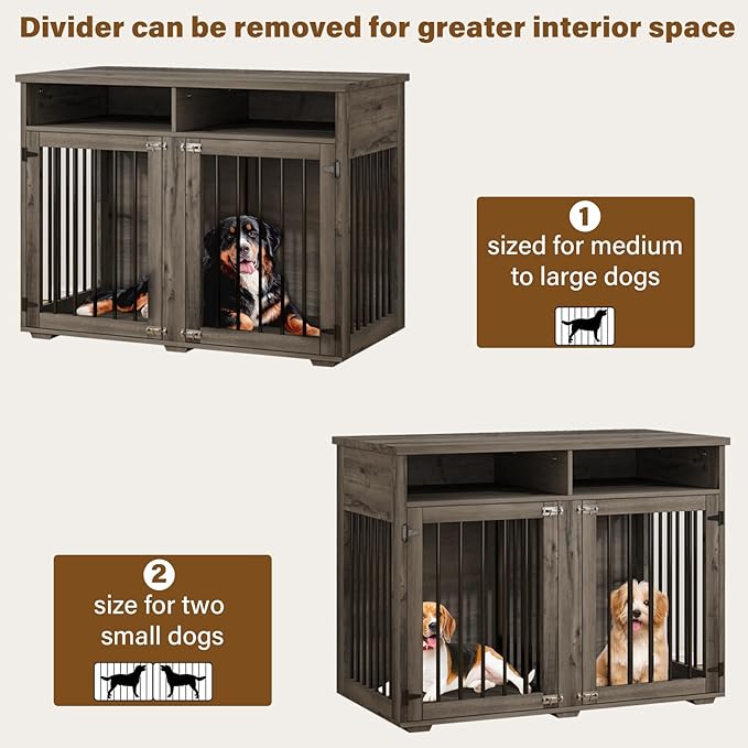 Furniture Dog Crate for Two Dogs, 41 Inch Furniture Style Dog Kennel with Removable Divider and Thickened Desktop, Heavy-Duty Base for Small to Medium Dogs, Grey