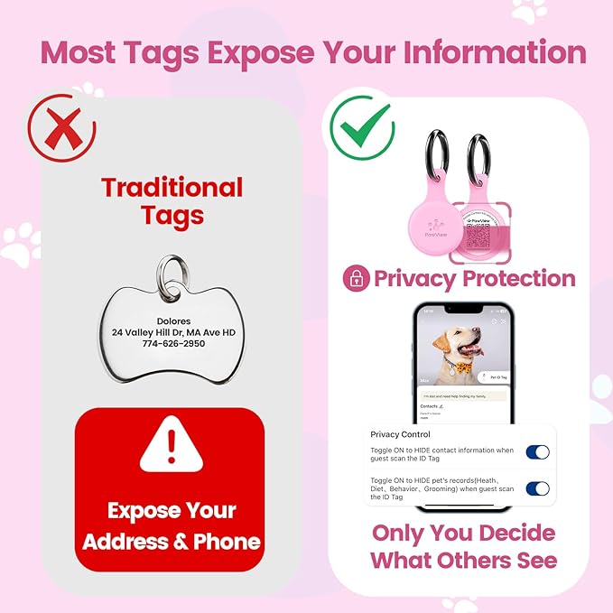 Dog ID Tag with QR Code & NFC, Silent Silicone Dog Name Tags Personalized for Pets - Scan QR for Instant Location Alert, Emergency Contact and Modifiable Pet Profile (Pink)