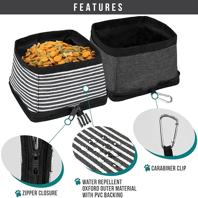 PetAmi Collapsible Dog Bowls 2 Pack, Food and Water Bowls Travel Set, Portable Pet Dish No Spill, Foldable Lightweight BPA Free Leakproof, Camping Hiking Walking Outdoor Gear Accessories, Stripe Black