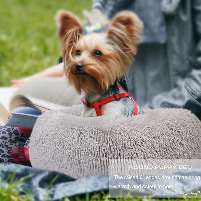 Extra Small Dog Bed Cute Grey Dog Bed Washable 19 inches Donut Fluffy Small Pet Beds,Calming Anti Anxiety Round Fits up to 10 lbs Soft Warm Pets Beds for Puppy Dogs Indoor