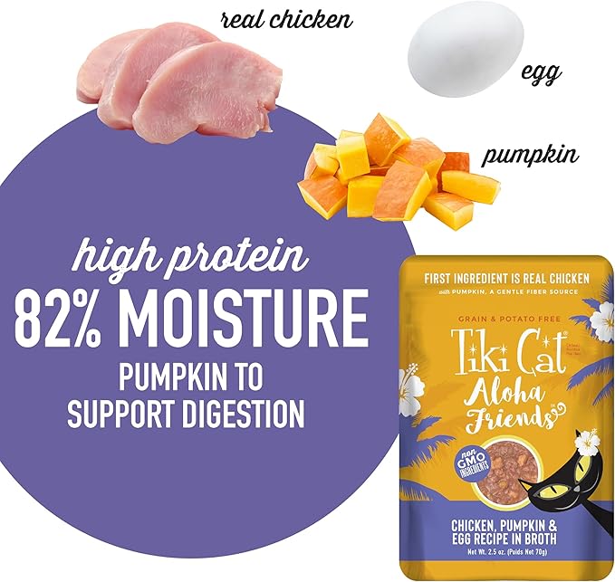 Tiki Cat Aloha Friends, Chicken, Pumpkin & Egg, Grain-Free & High Moisture, Wet Cat Food for All Life Stages 2.5 oz. Pouch (12 Count)