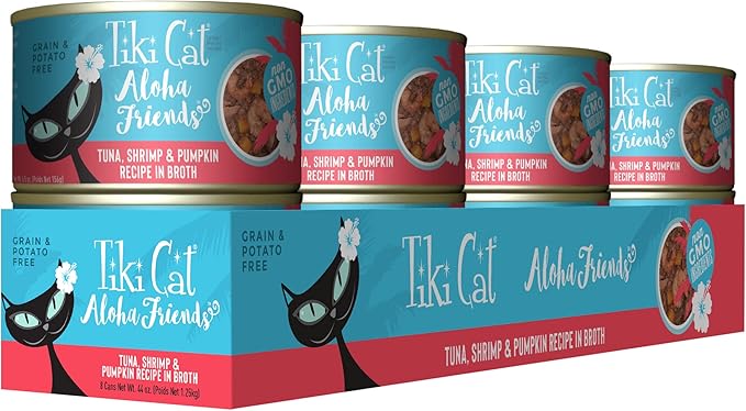 Tiki Cat Aloha Friends, Tuna, Shrimp & Pumpkin, Grain-Free & High Moisture, Wet Cat Food for All Life Stages 5.5 oz. Cans (Pack of 8)
