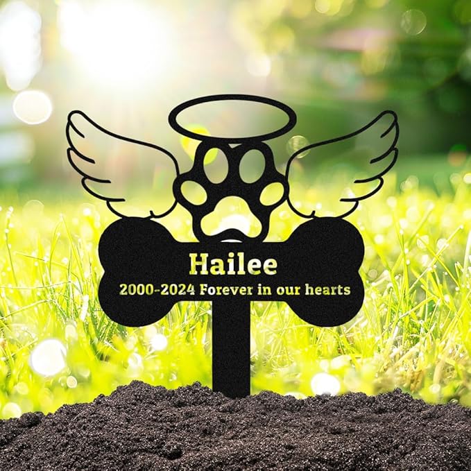 Custom Dog Memorial Grave Marker Garden Stake, Personalized Dog Memorial Stake with Bone Paw Wings Metal Grave Marker Engraved Sign, Customized Pet Dog Memoria Plaque Burial Stake