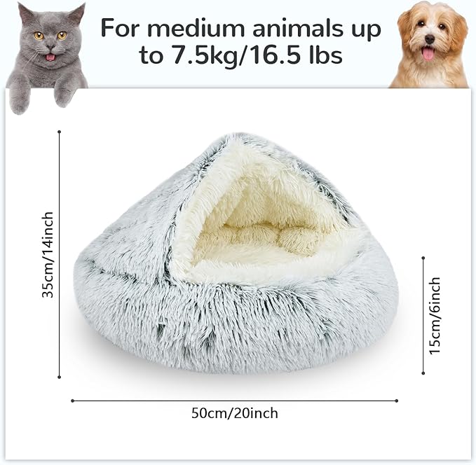 Cat Bed Round, Hooded Cat Bed Cave Fluffy Dog Beds, Cozy Donut Anti Anxiety Dog Bed for Small Dog and Cat, Gifts for Cat Lovers(20×20inch, Grey)