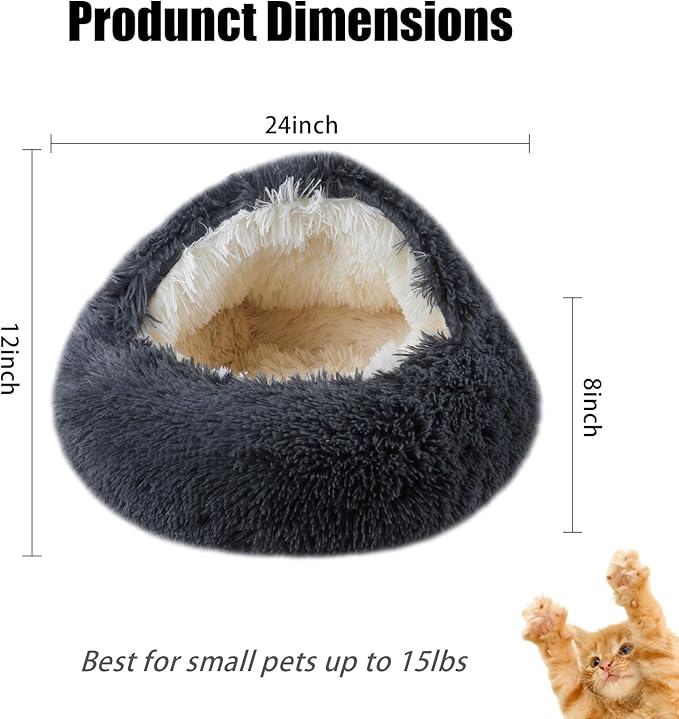 Calming Dog Beds & Cat Cave Bed with Hooded Cover,Washable Round Beds for Small Medium Pets,Anti-Slip Faux Fur Fluffy Coved Bed,Comfortable Warming Pet Bed(24 * 24inch,Dark Gray)
