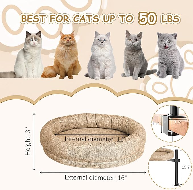 Cat Bed for Desk, Perfect Desk Pet Nest Cat Bed for Indoor Cats Height Adjustable Cat Desk Bed Max Load 50 LBS Comfortable Pet Bed for Kitty with 360° Rotating (Brown)