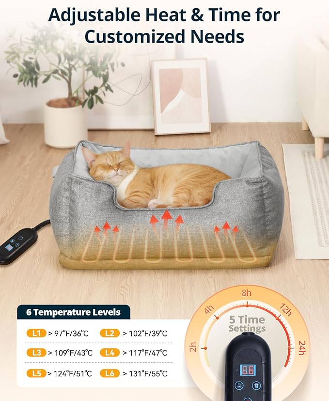 Heated Cat Bed Indoor, Heated Pet Bed with Adjustable Temperature & Timer, Pet Heating Pad for Kittens, Puppies, Dogs, Cats in Winter, UL & FCC Certified