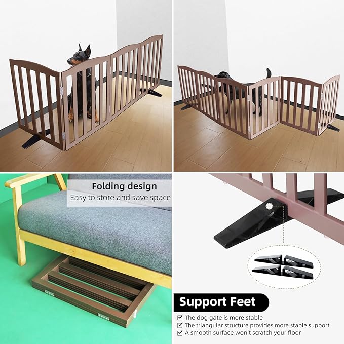 ZJSF Foldable Freestanding Indoor Dog Gate for House Wood Long Pet Gates Dog Fence for Stairs Puppy Gates for Hallways, Puppy Gate,Support Feet Included, Brown, 32 "Height-4 Panels