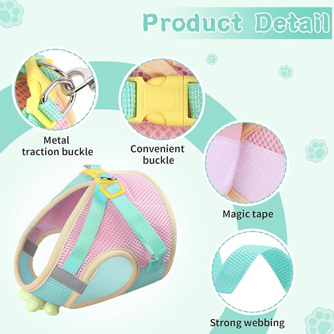 Cat Harness and Leash Set for Walking Escape Proof, Adjustable Kitten Harness Breathable Mesh with Reflective Strips Harness with Flower for Kitty Puppy Bunny Green S