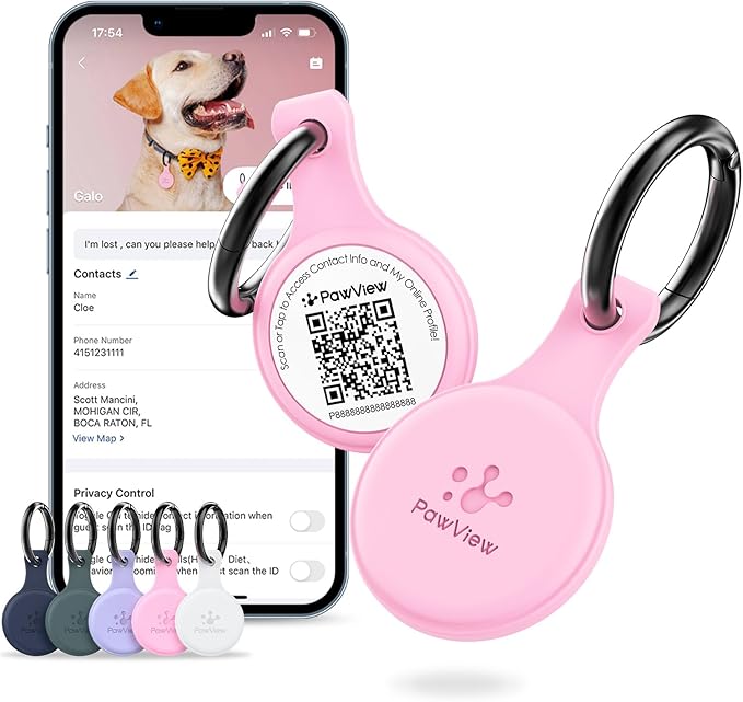Dog ID Tag with QR Code & NFC, Silent Silicone Dog Name Tags Personalized for Pets - Scan QR for Instant Location Alert, Emergency Contact and Modifiable Pet Profile (Pink)