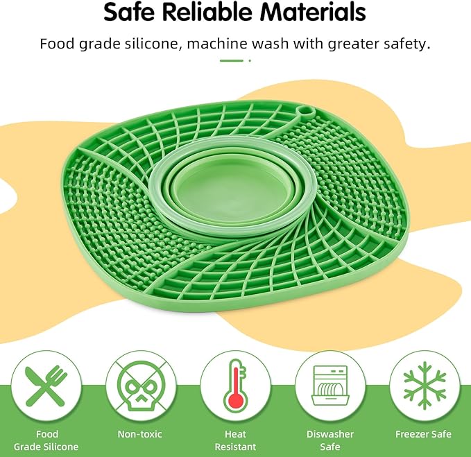 Lick Mat for Small Dogs and Cats with Suction Cups, Silicone Slow Feeder Lick Pad with Collapsible Bowl for Anxiety Relief, Pet Puzzle Treat Mat for Bathing Grooming Trimming (Green)