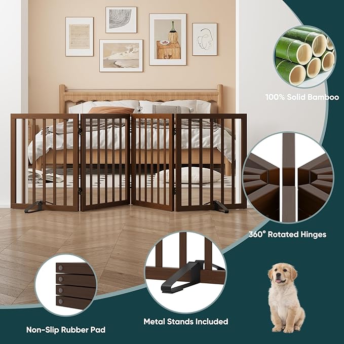 Freestanding Bamboo Wood Dog Gate Indoor, 4-Panel Pet Gates with 2 Stands and 360° Hinge for Doorways and Stairs, Puppy Gate for The House, Fully Assembled Safety Fence 74" W x 24" H - Black Walnut