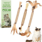 TINDTOP Silvervine Sticks for Cats with Natural Feather, Catnip Chew Toys for Kittens Teeth Cleaning, Increase Appetite, Calm Cat Anxiety and Stress, Cat Dental Toy (3 Pack)