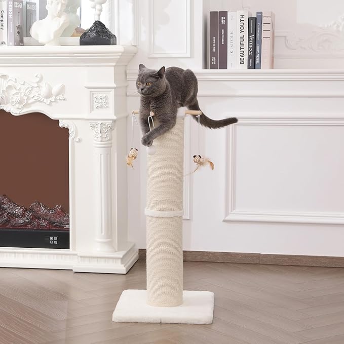 Cat Scratching Post, 32 Inch Large Cat Scratch Post for Adult Cats and Kittens, Nature Sisal with Hanging Toys, Modern Cat Scratcher for Indoor Cats, Protect Your Furniture, Beige
