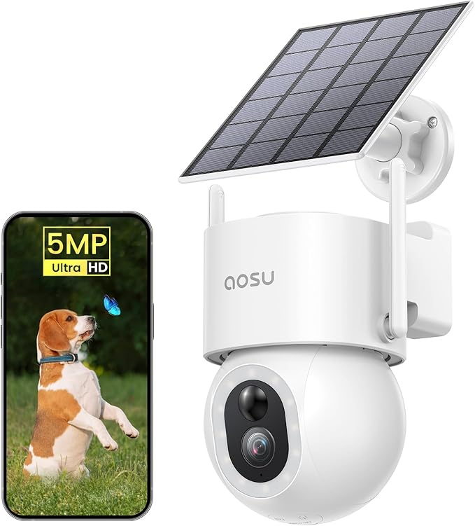 aosu Security Cameras Wireless Outdoor - 3K/5MP Solar Powered 400-Lumen Floodlight Camera, 360° Pan/Tilt Surveillance, Night Vision, 2.4GHz WiFi Camera, Auto Tracking, AI Human/Vehicle/Pet Detection