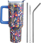 Bernese Mountain Dog Gifts for Women Lovers 40 oz Floral Bernese Mountain Tumblers with Handle and Straw, Stainless Steel Vacuum Insulated Travel Coffee Mug Cup Water Bottle