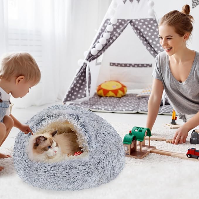 Cat Cave Beds for Indoor Cats, Round Fluffy Calming Cat Bed with Hooded Cover, Donut Calming Cozy Pet Bed for Anxiety Cats and Puppies - Dia 20"