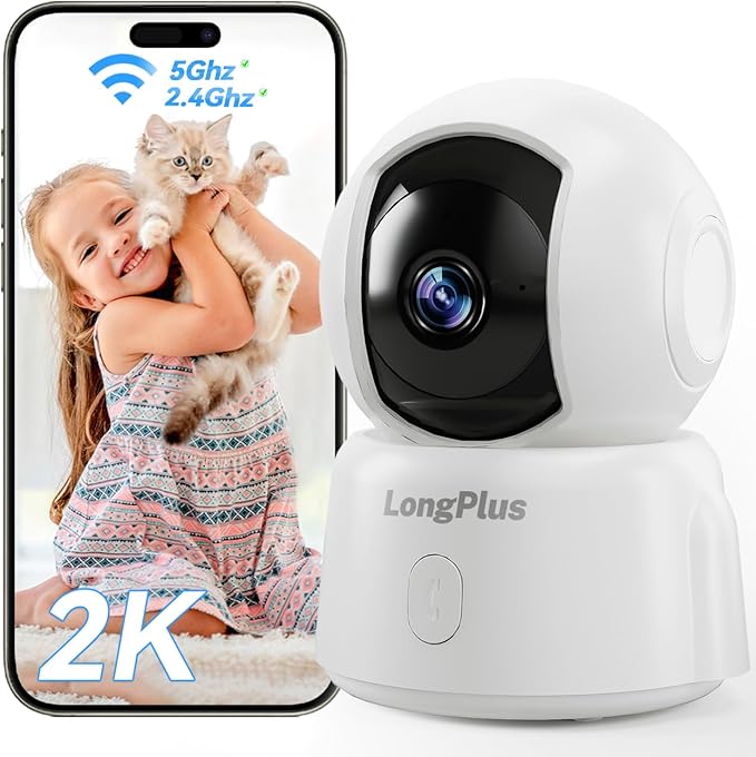 LongPlus 2K Pet Camera with Phone App, 2.4/5GHz WiFi Pan/Tilt Indoor Camera for Home, Cat Cam with Night Vision, 2-Way Audio, Motion Detection, Auto Tracking, Works with Alexa