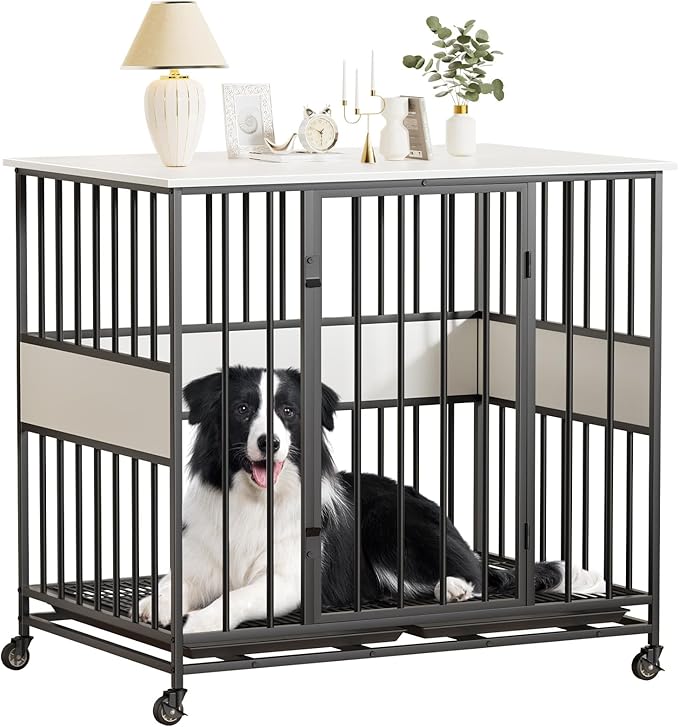 Dog Crate Furniture for Medium Dogs, 38 Inch Medium Kennel, Wooden Pet Cage Decorative Corner End Table with Caster Wheels & Double Removable Tray, White