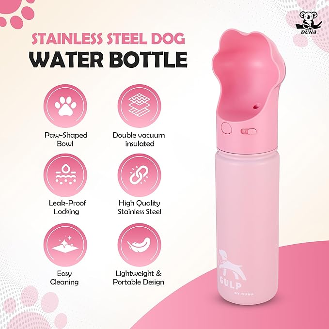 Gulp by Duna 18oz Travel Dog Water Bottle with Paw-Shaped Bowl, Insulated Stainless Steel | Leakproof Portable with Carry Strap for Outdoor Walking, Hiking & Pet Hydration On-The-Go | Pink