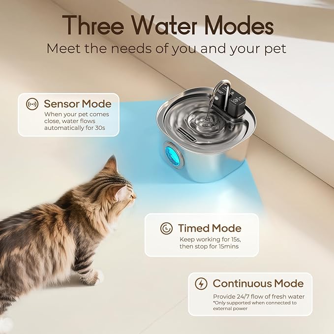Voluas Stainless Steel Cat Water Fountain-Wireless Pet Water Fountain Battery Operated,108oz/3.2L, Automatic Water Dispenser for Dogs with Quiet Pump,Easy Clean BPA-Free for Cats, Dogs, Multiple Pets
